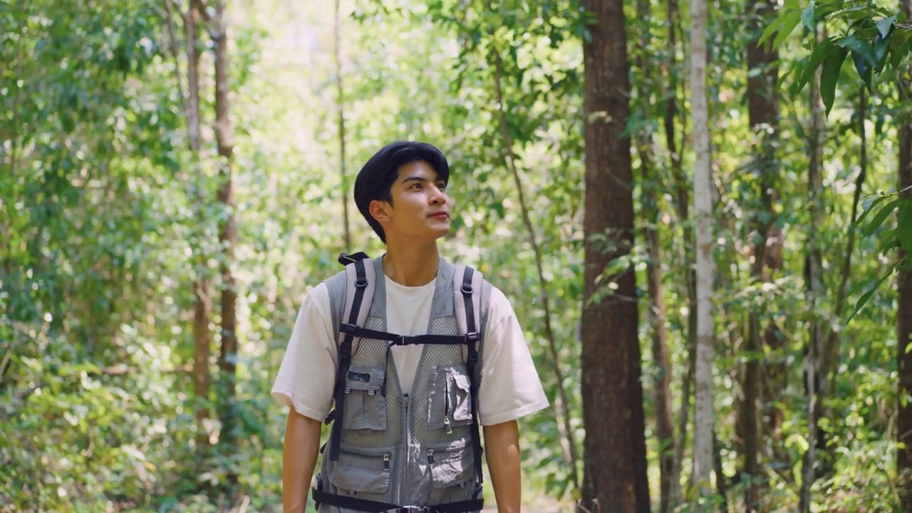 亚洲年轻英俊的男性背包客独自在森林野外旅行。在假期旅行中，有魅力的男人在大自然的树林里四处张望和探索，快乐而有趣。视频素材