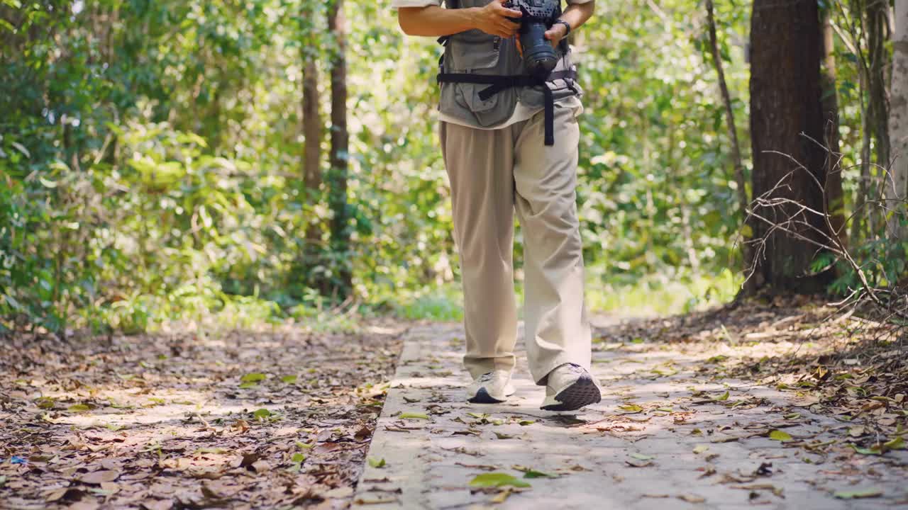 近距离的年轻男性背包客独自在森林野外旅行的脚。在假期旅行中，有魅力的男人在大自然的树林里四处张望和探索，快乐而有趣。视频素材