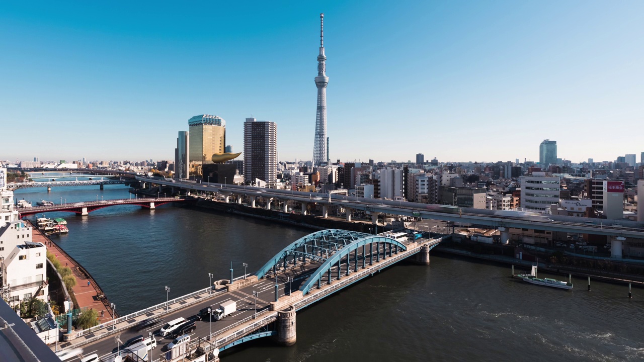 日本浅草地区的东京天空树、隅田河上的船只和小船、高速公路上的汽车交通、桥梁上的交通。亚洲旅游地标，亚洲人都市生活视频素材