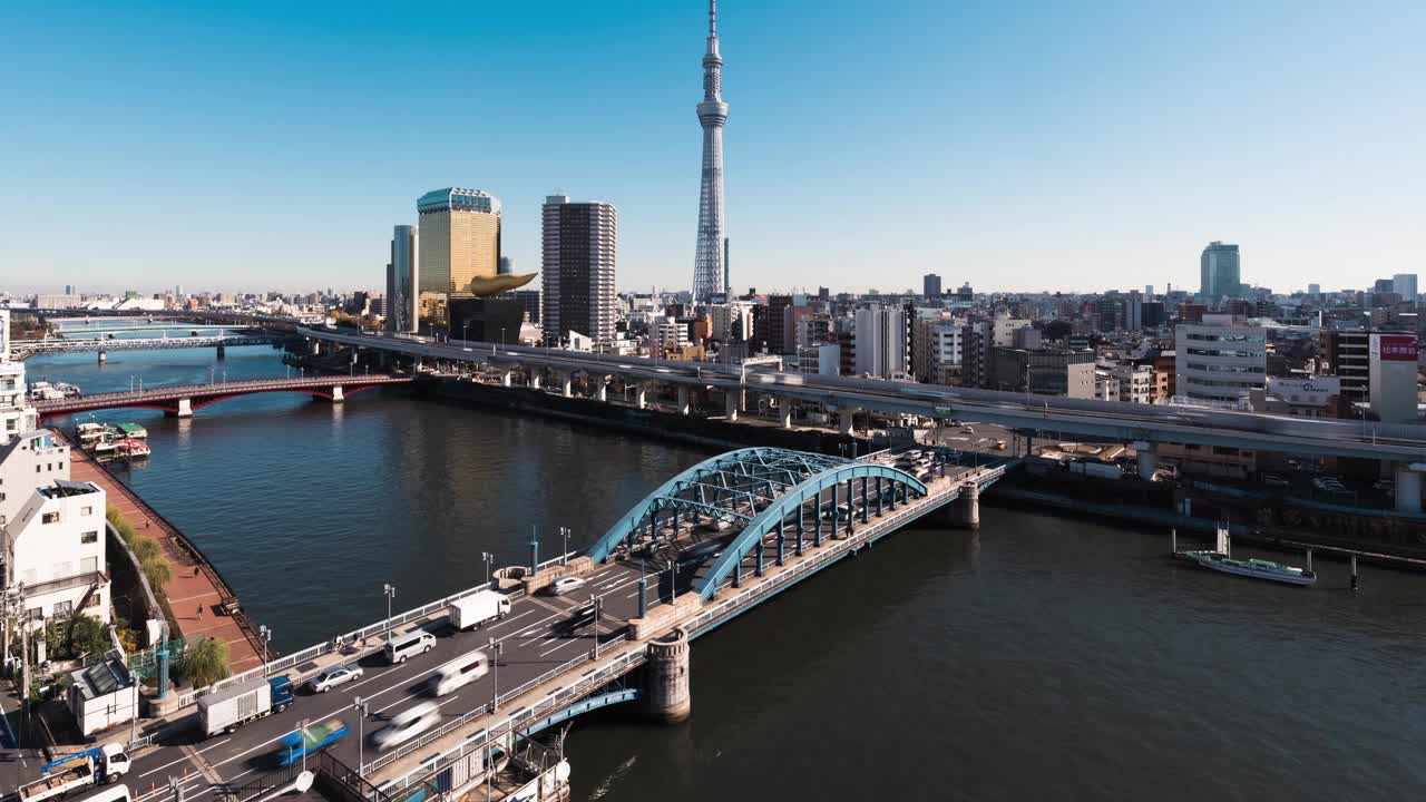 日本浅草地区的东京天空树、隅田河上的船只和小船、高速公路上的汽车交通、桥梁上的交通。亚洲旅游地标，亚洲人都市生活视频素材