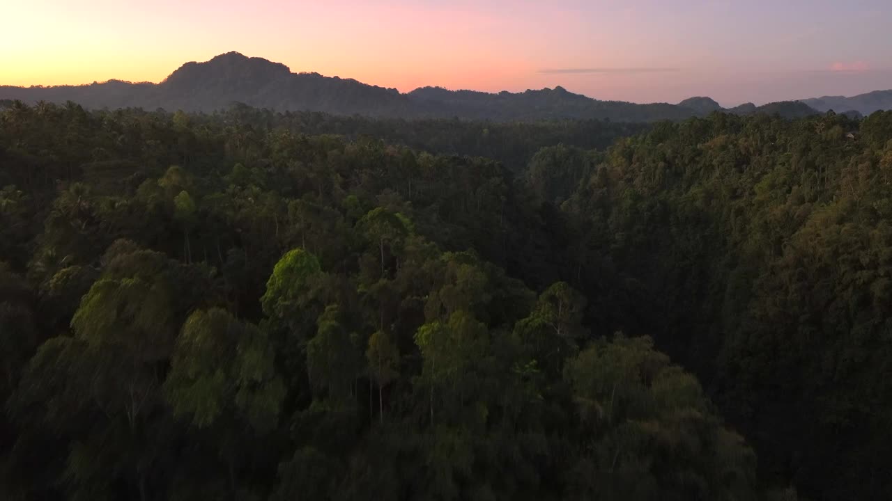 风景秀丽的鸟瞰图日出的图姆帕克塞乌瀑布与塞默鲁火山背景丛林在爪哇岛，印度尼西亚视频素材