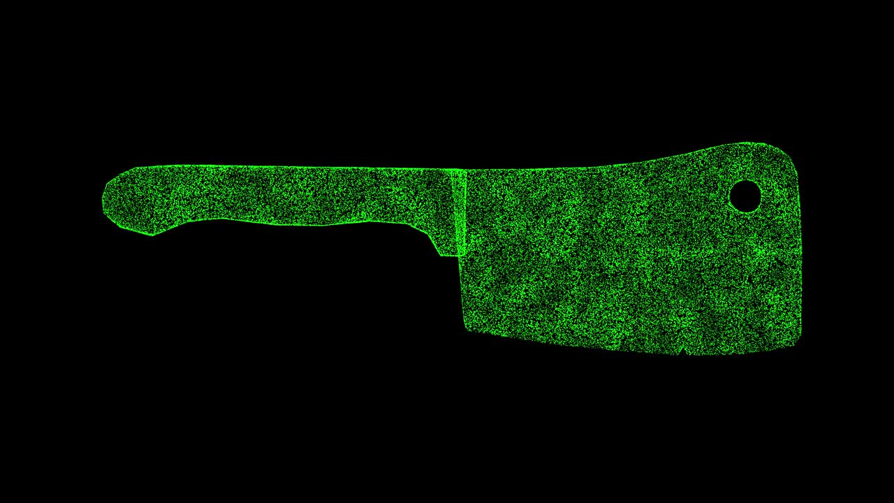 3D屠刀旋转黑色bg。绞肉机。切肉的菜刀。屠宰场，肉类工业。用于标题，文本，演示。商业广告背景。3d动画60 FPS。视频素材