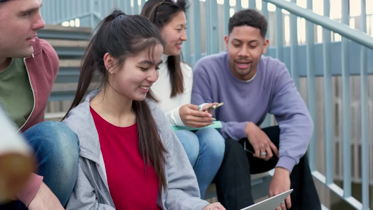 不同的大学生在笔记本电脑上一起做作业或小组项目视频素材