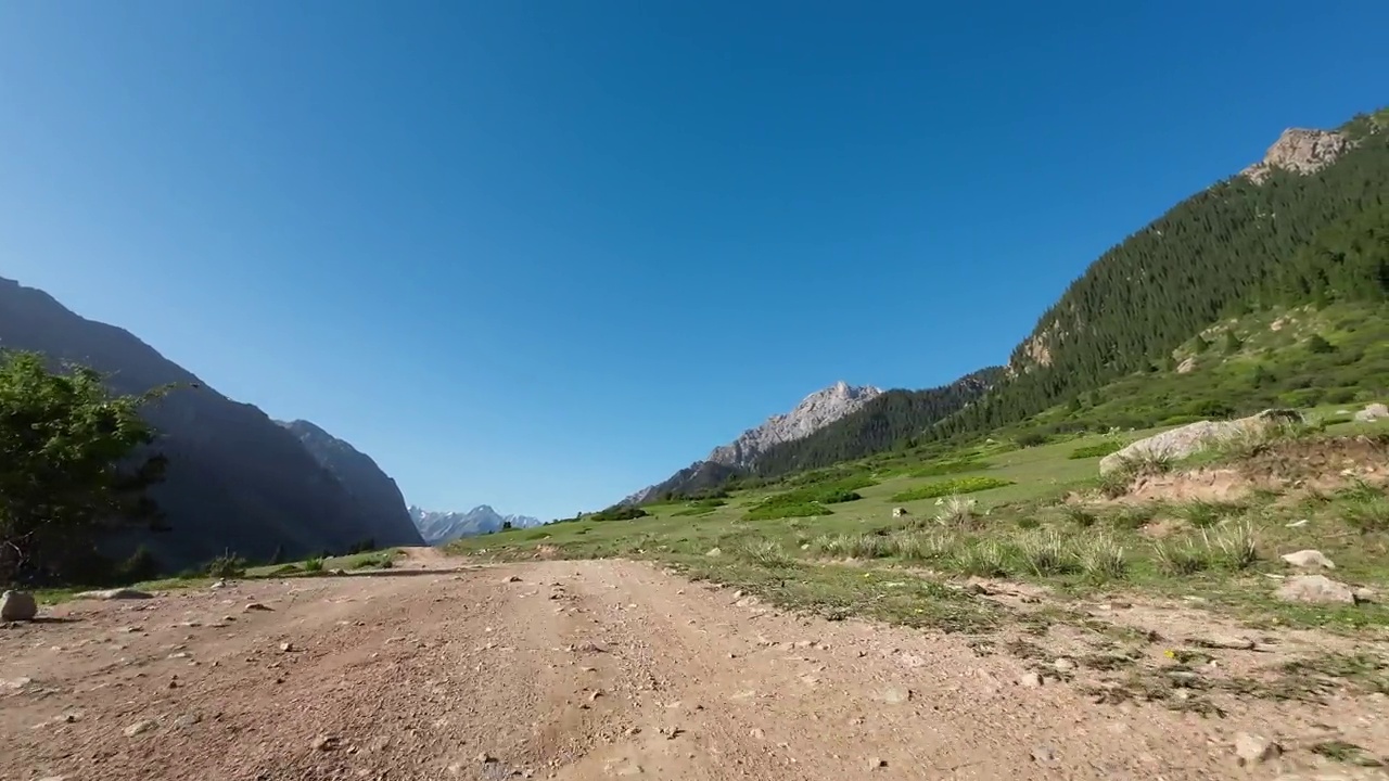 在山谷里的土路和岩石路上行驶。汽车的观点视频素材