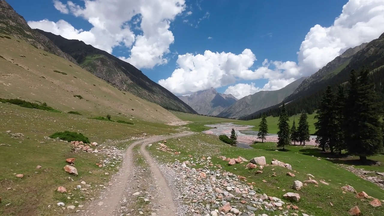 在山谷里的土路和岩石路上行驶。汽车的观点视频素材