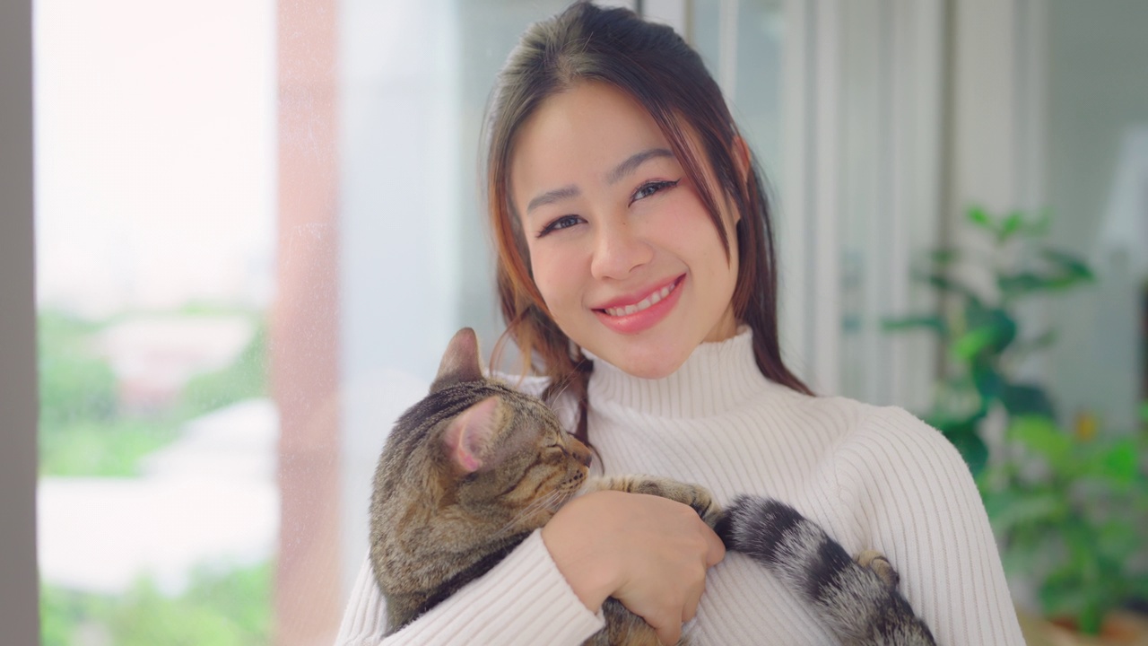 年轻的亚洲女人在家里的客厅里笑着玩猫。视频素材