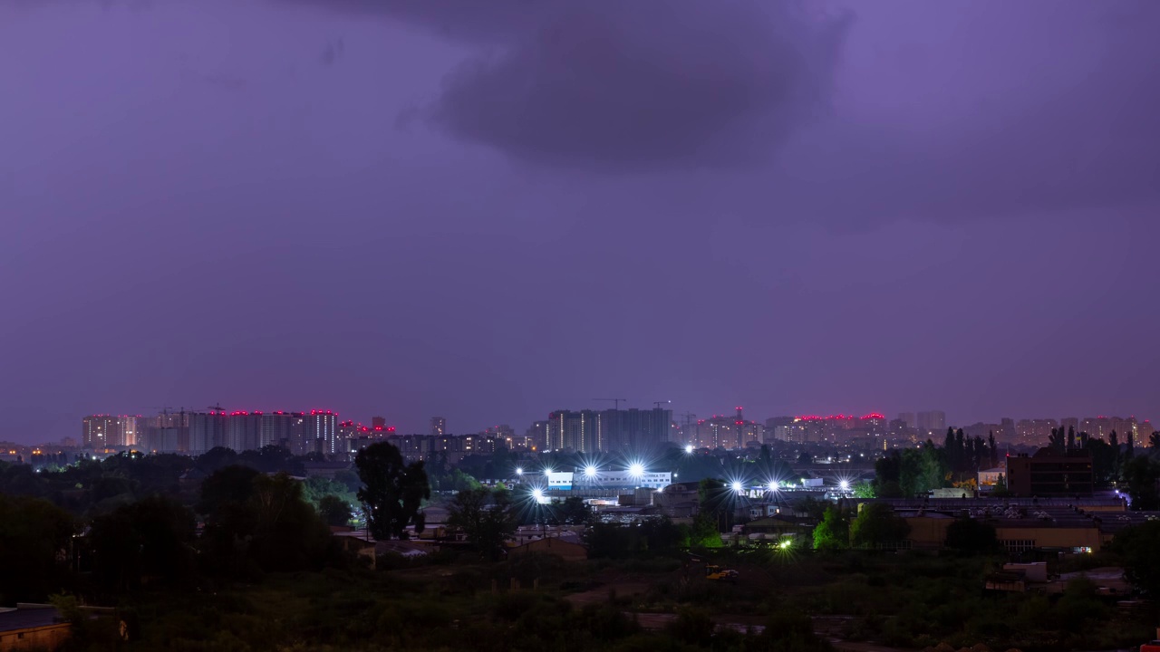 风暴中的城市景观:夜雷与闪电。时间流逝视频素材