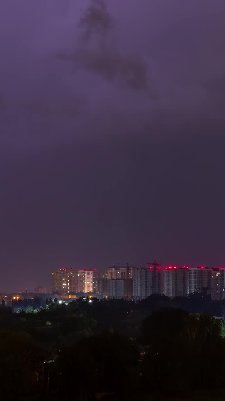 风暴中的城市景观:夜雷与闪电。时间流逝。垂直视频素材