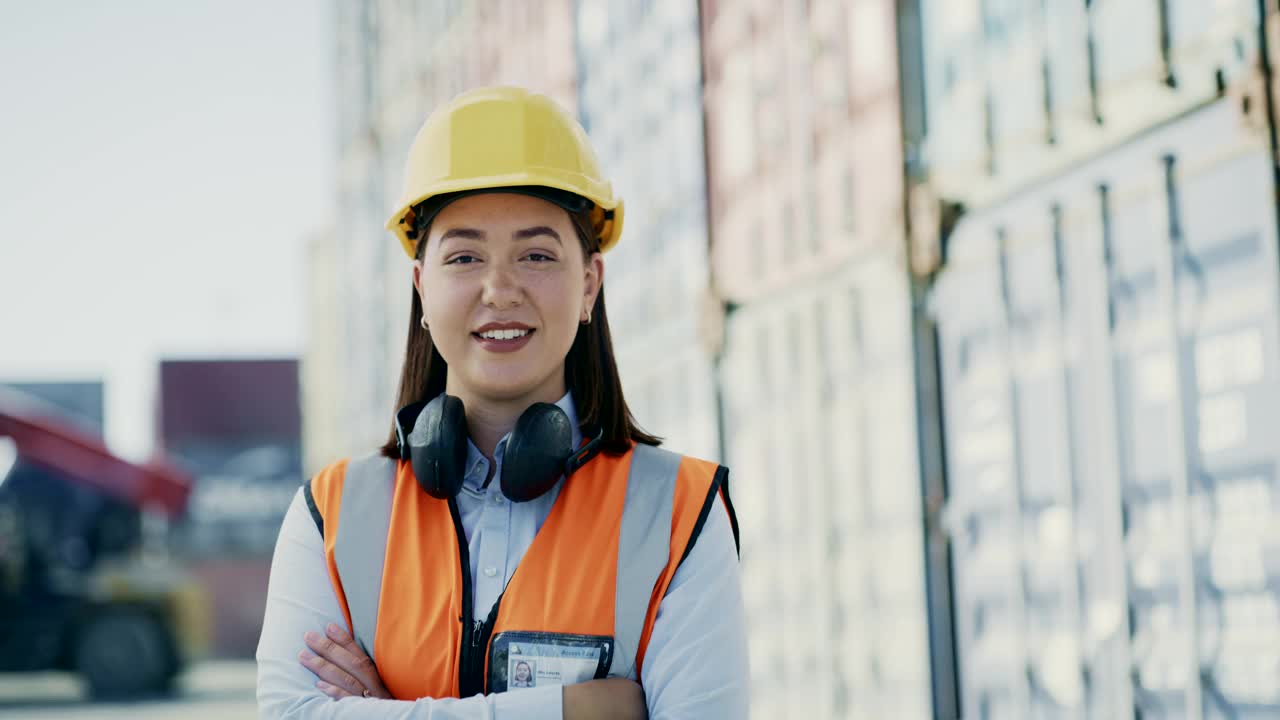 物流，运输和信心，在集装箱港口检查的女人，项目管理和对工作的自豪感。仓储、货运和全球供应链行业，面临运输工人。视频素材