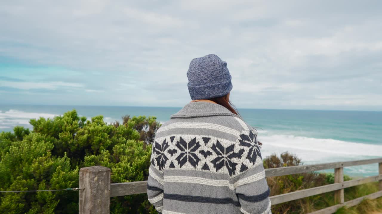 沿着海滩散步的女人视频素材