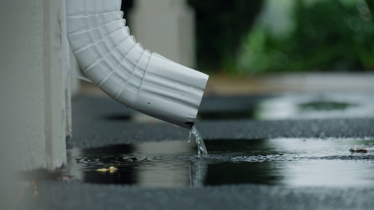 关闭了。雷暴期间暴雨袭击屋顶和雨沟。慢镜头视频素材