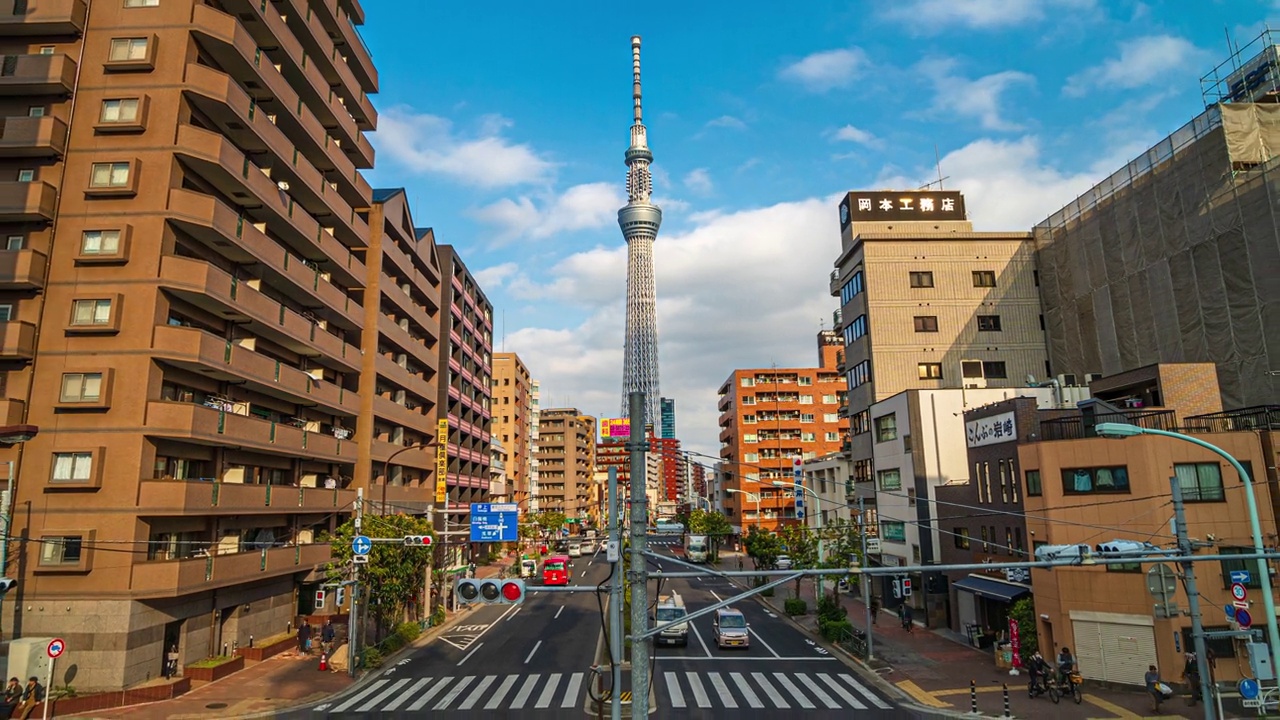 东京晴空树位于日本东京城市交通高峰时段的各种建筑、城市景观和交通路口视频素材