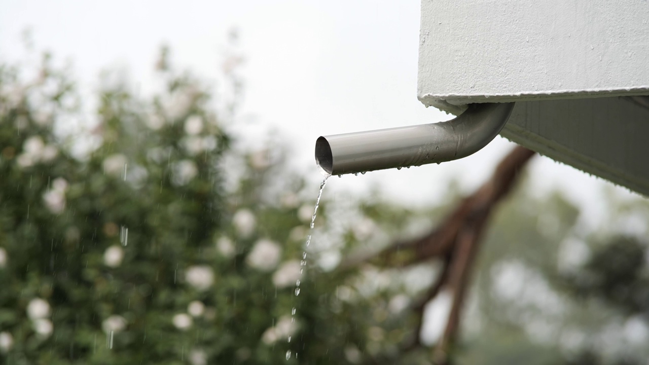 雨水从屋顶、排水沟或排水管流出的雨水。低角度视角，近距离长焦拍摄，选择性对焦，慢动作，没有人视频素材