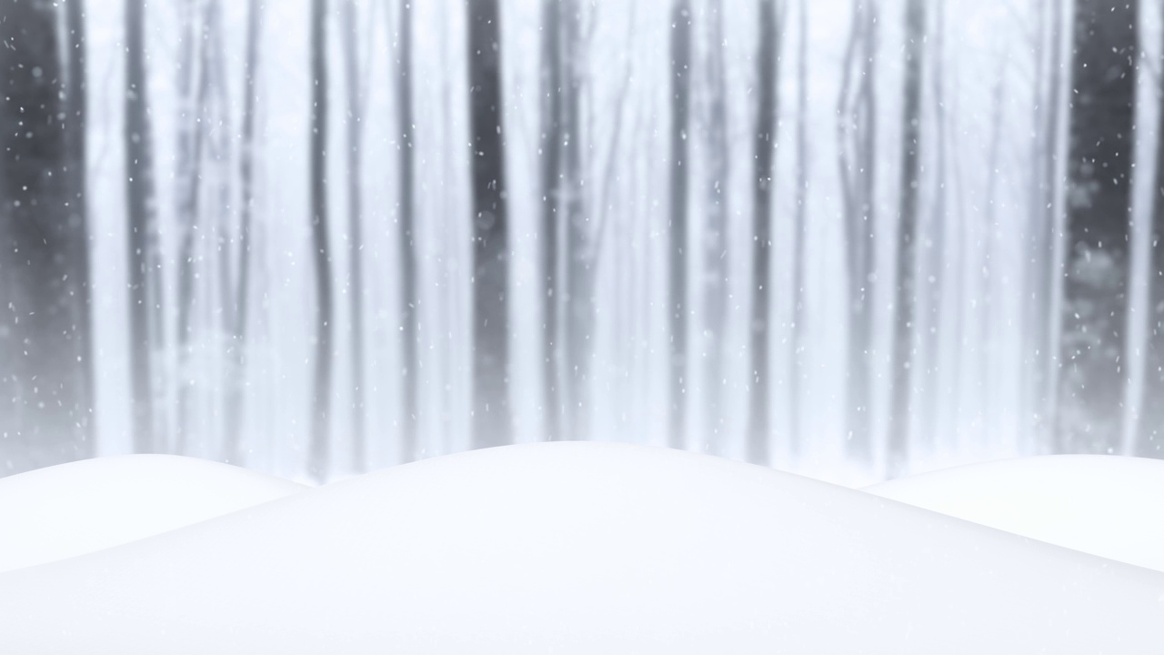 模糊的森林树木在背景与雪疙瘩景观和降雪量动画。视频素材