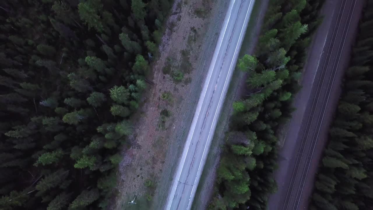 空中俯视图的铁路轨道和道路在森林中的树木-利比，蒙大拿州视频素材