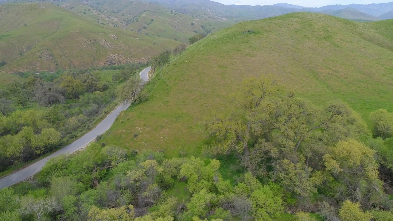 空中平移拍摄的道路在绿色植物和树木附近的山，无人机飞越自然景观-贝克斯菲尔德，加利福尼亚州视频素材