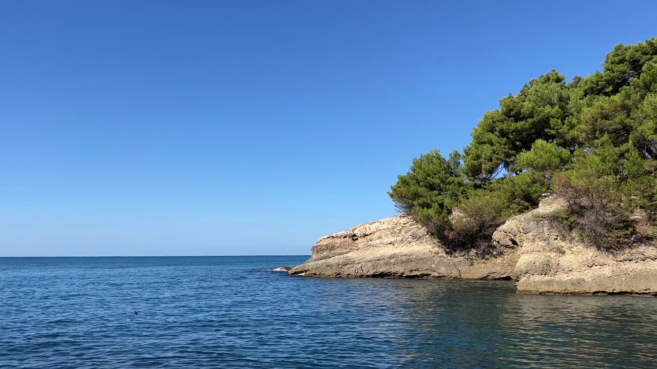 夏天，蓝色的大海和松林岸边的岩石。视频素材