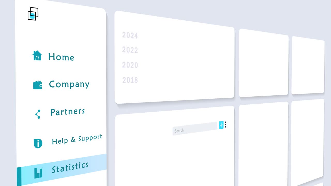 商业网站仪表板的非对称UI界面，显示图形，图表和统计数据。管理统计网页与数据可视化和分析。3D动画视频素材