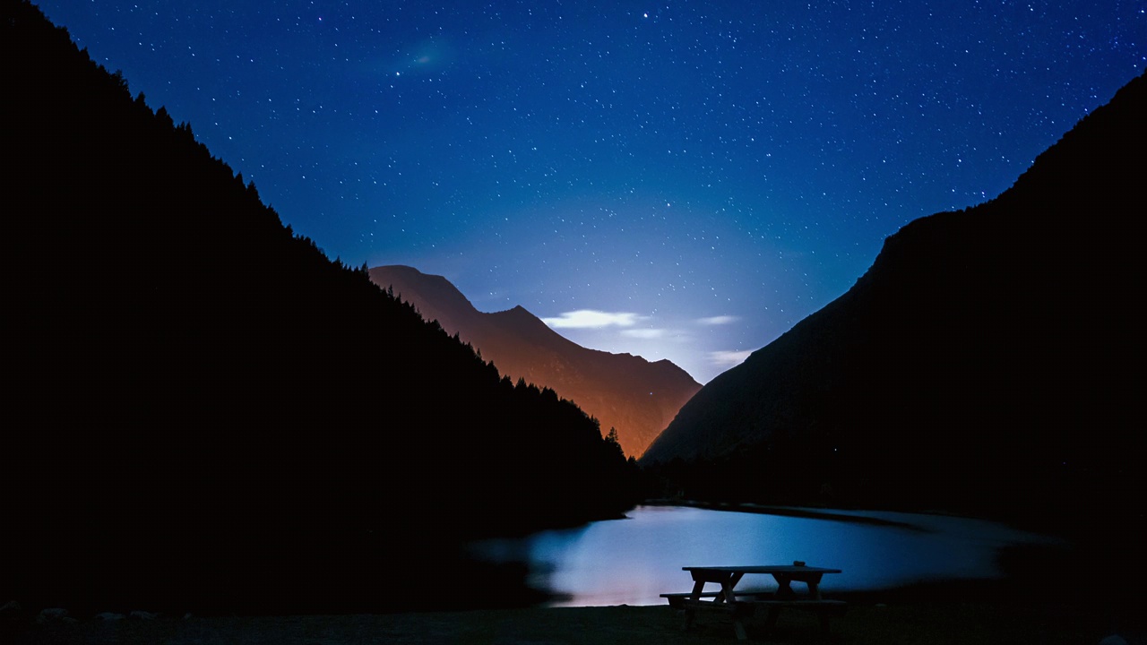 夜山湖缓步景观移动的星星和云在天空旅行视频素材