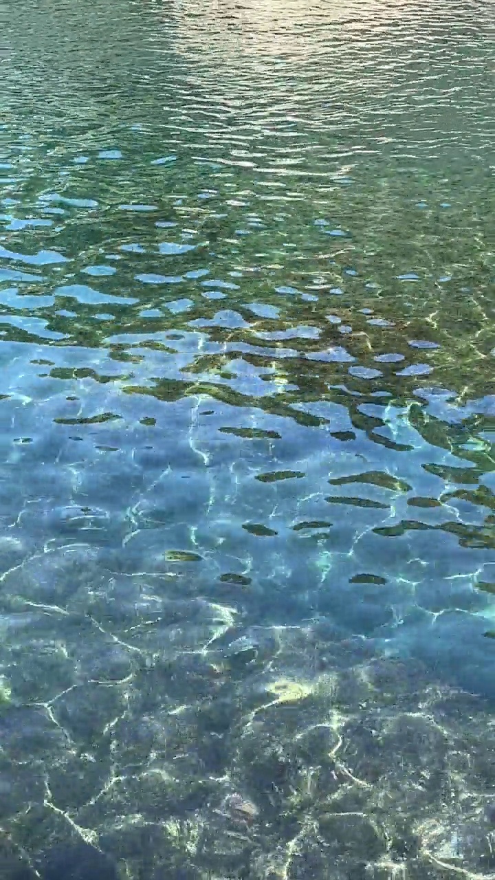 闪亮的绿松石海水，海底鹅卵石，清澈的波纹水，垂直视频。视频素材