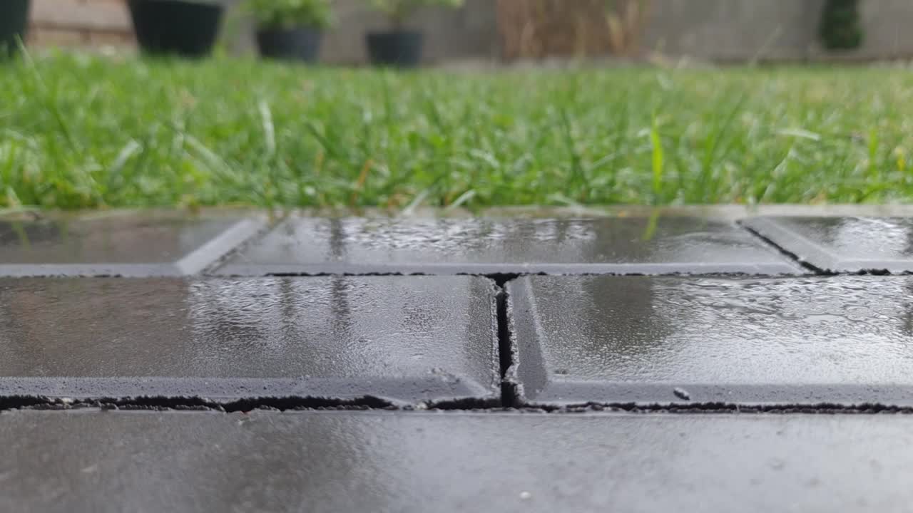 大雨落在花园的人行道上视频下载