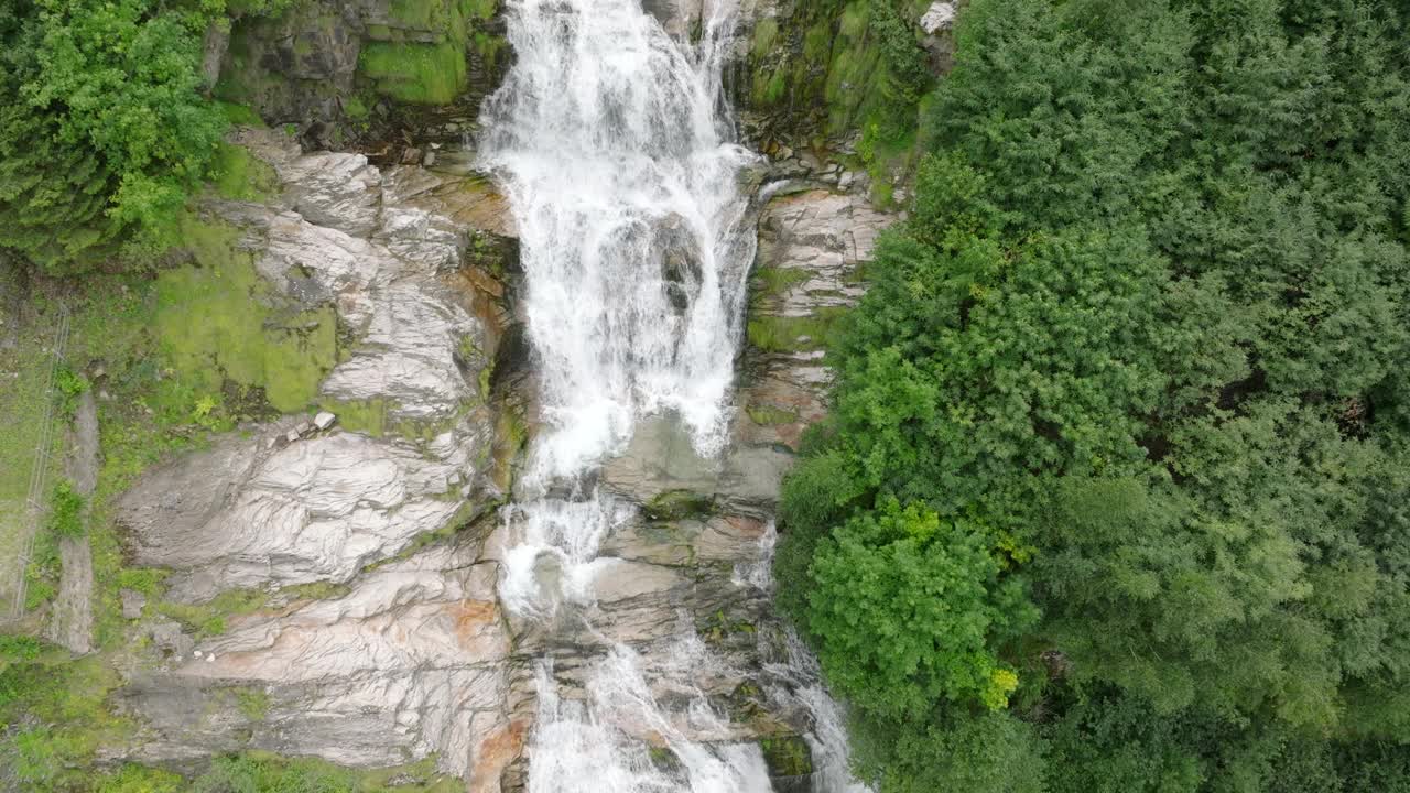 空中无人机看到的瀑布(cascata piumogna)被郁郁葱葱的绿树包围视频素材