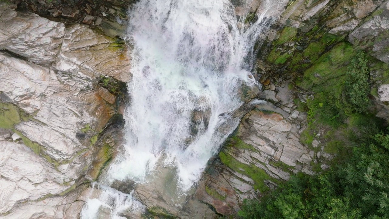 空中无人机看到的瀑布(cascata piumogna)被郁郁葱葱的绿树包围视频素材