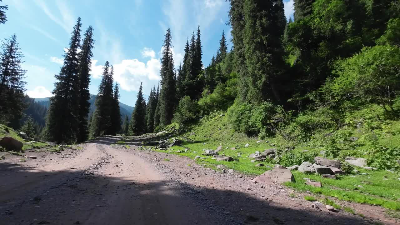 沿着山河和高大的森林岩石行驶在岩石山路上。汽车的观点视频下载