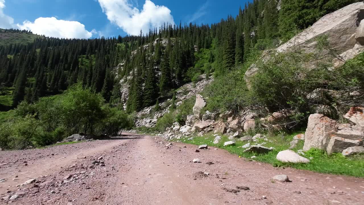 沿着山河和高大的森林岩石行驶在岩石山路上。汽车的观点视频素材