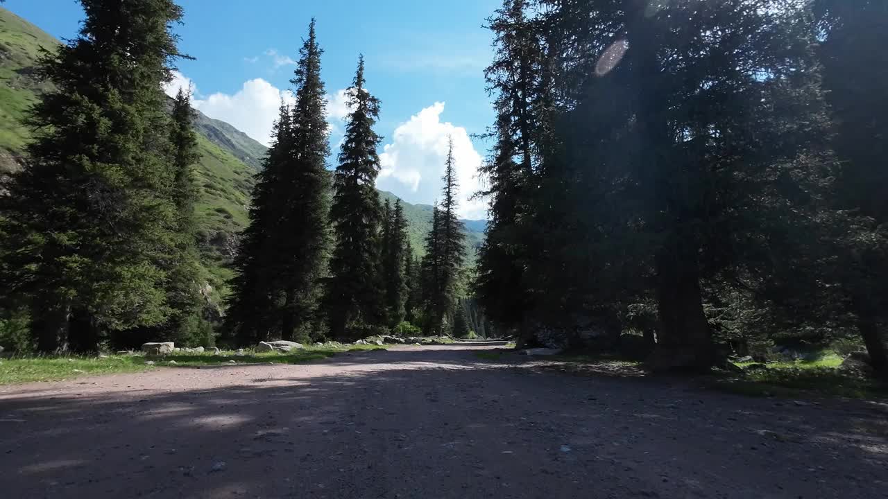 沿着山河和高大的森林岩石行驶在岩石山路上。汽车的观点视频下载