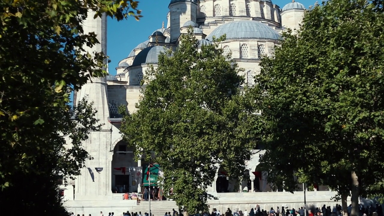 倾斜下来。人们在Yeni Cami清真寺前的街景。伊斯坦布尔的米诺努广场视频素材