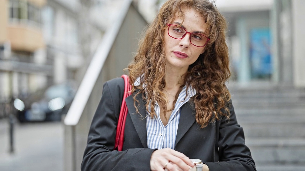 年轻的女商人带着严肃的表情看着街道视频素材