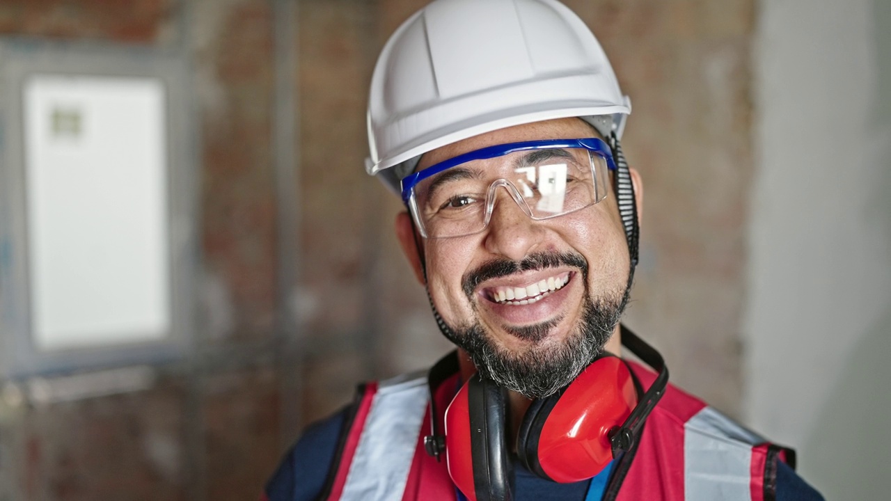 年轻的拉丁男建筑工人微笑着自信地站在建筑工地视频素材