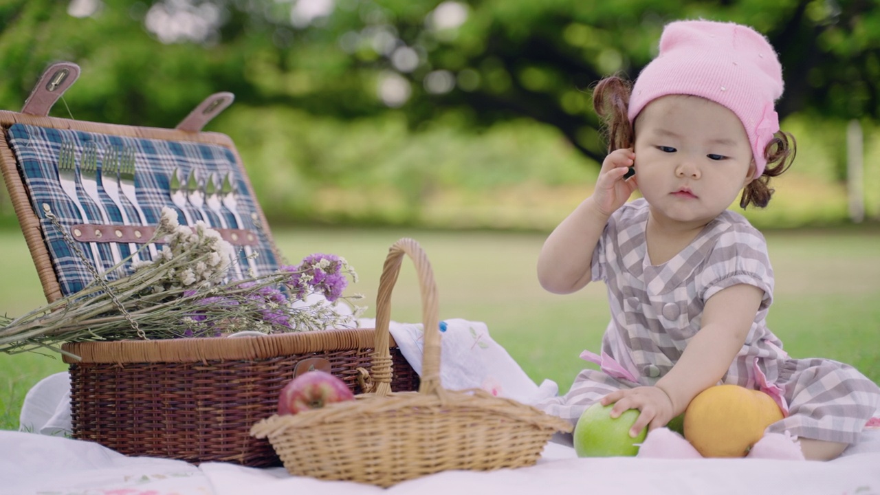 快乐可爱的小女孩坐在公园里拿着橘子和苹果享受。视频下载