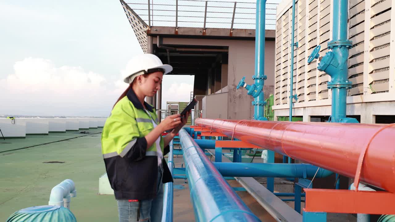 工作中的卓越工程:亚洲女性在炼油厂的管道管理中使用数字平板电脑视频下载