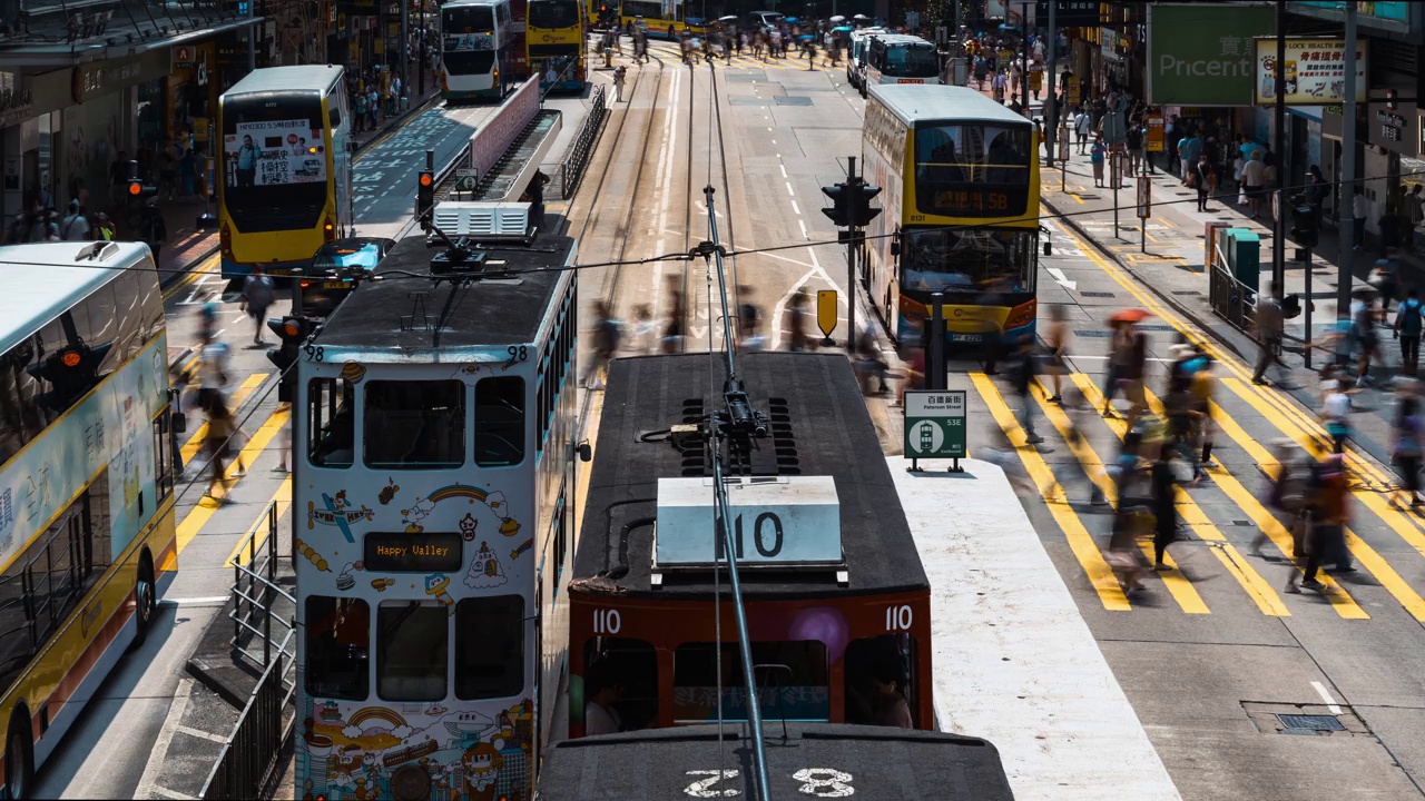 香港铜锣湾购物区的中国人走过斑马线。有轨电车、公共汽车、汽车和出租车交通运输。亚洲交通城市生活，亚洲旅游理念视频素材