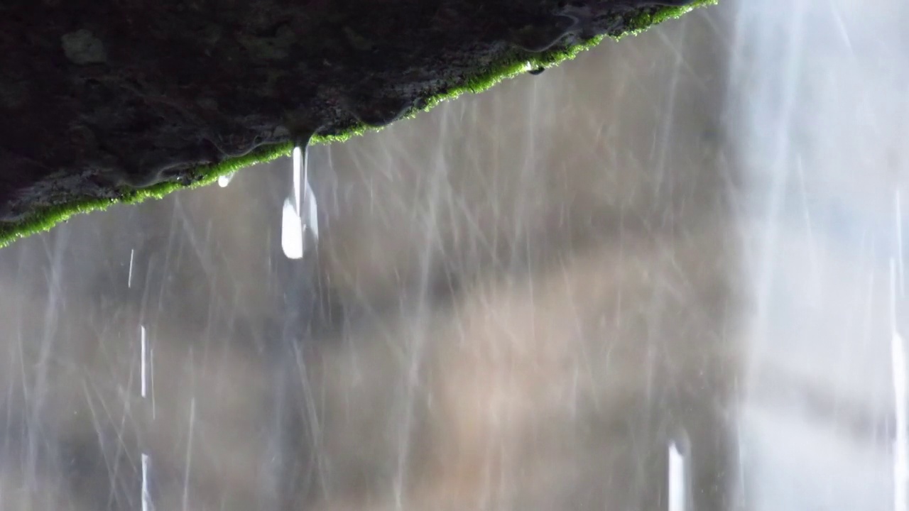 大雨落在传统乡村房屋的泥瓦屋顶上视频素材