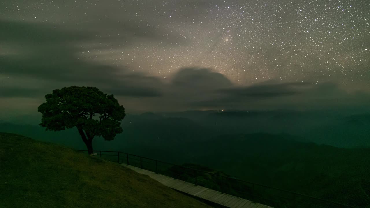 星星和银河在一棵树上，早晨的日出，黄昏的光线在Doi Pui Ko，泰国Mae Hong Son。视频素材