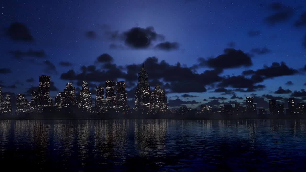 夜晚被照亮的城市，云在天空背景上移动视频素材