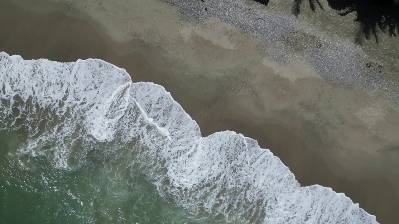 海洋泡沫的波浪翻滚在宽阔的沙滩上，有异国情调的树木视频素材