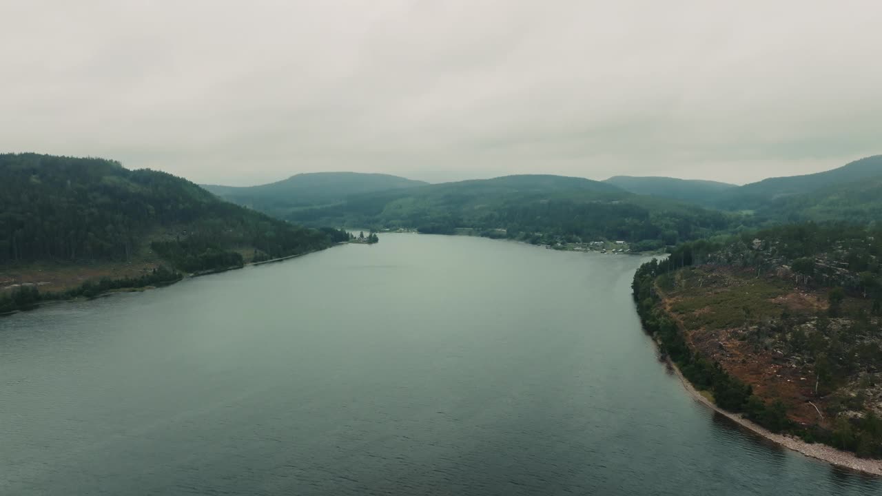 在忧郁的日子里，无人机飞过北欧的风景，展现了广阔的河流和绿色的树林视频素材