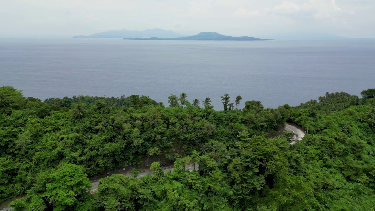 海岸上被丛林环绕的柏油路视频素材