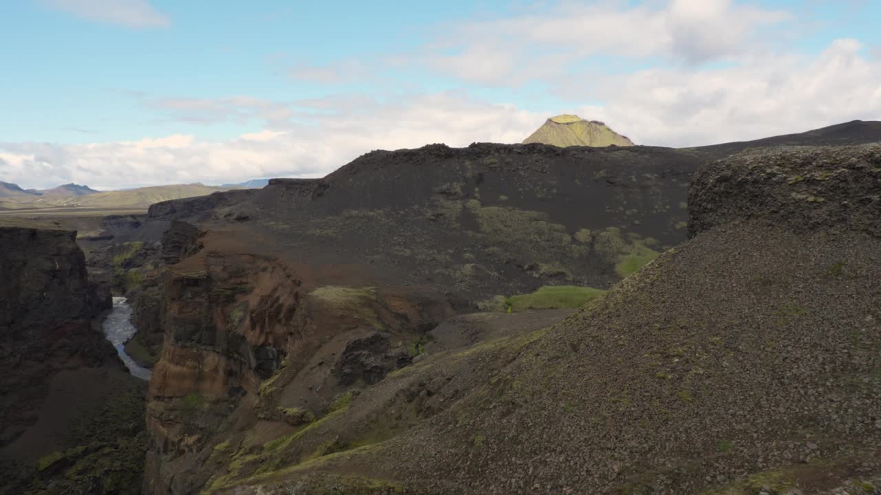 从Thorsmork到Landmannalaugar的Laugavegur小道上，冰岛的峡谷、高地和贫瘠的植被视频素材