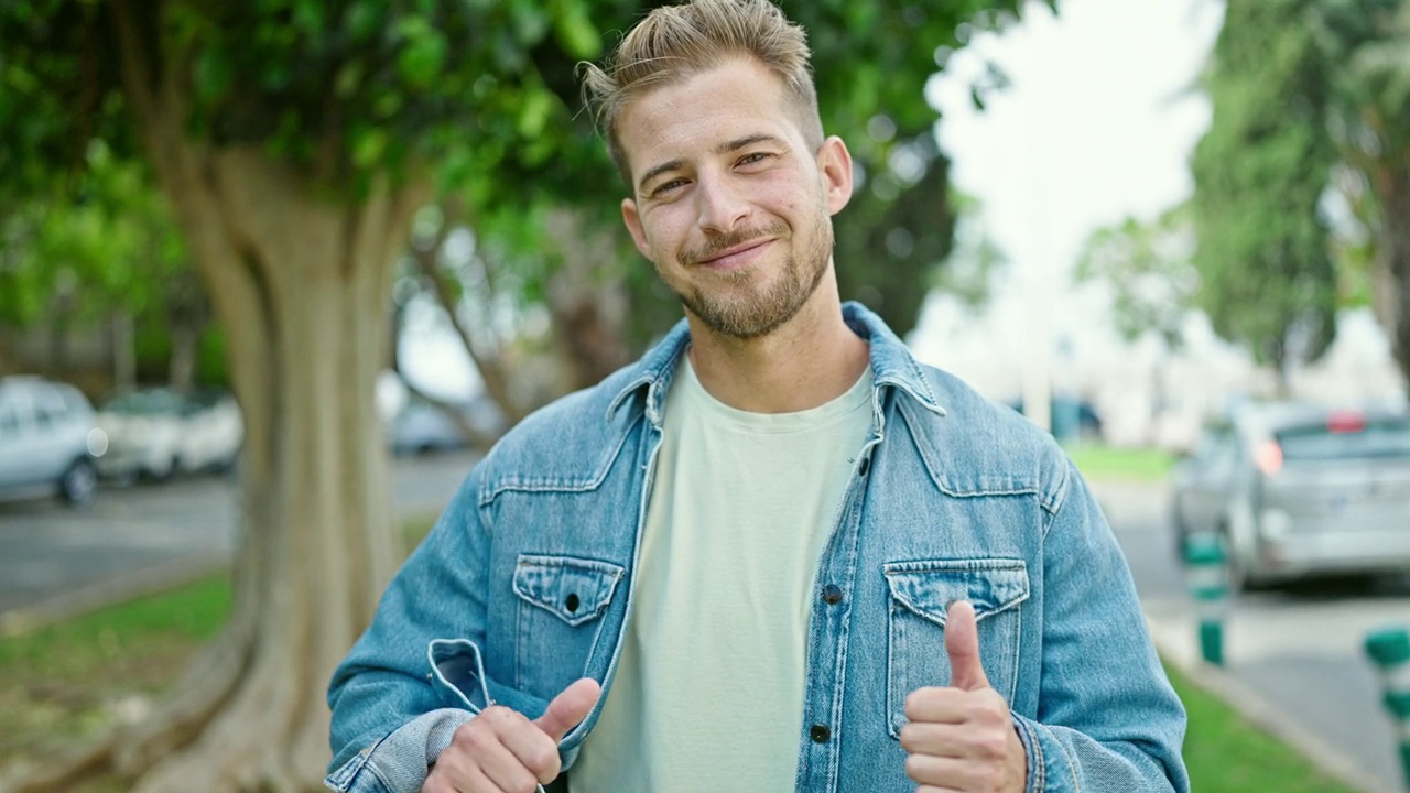 年轻的白人男子微笑着自信地做着ok的手势，在公园竖起大拇指视频素材