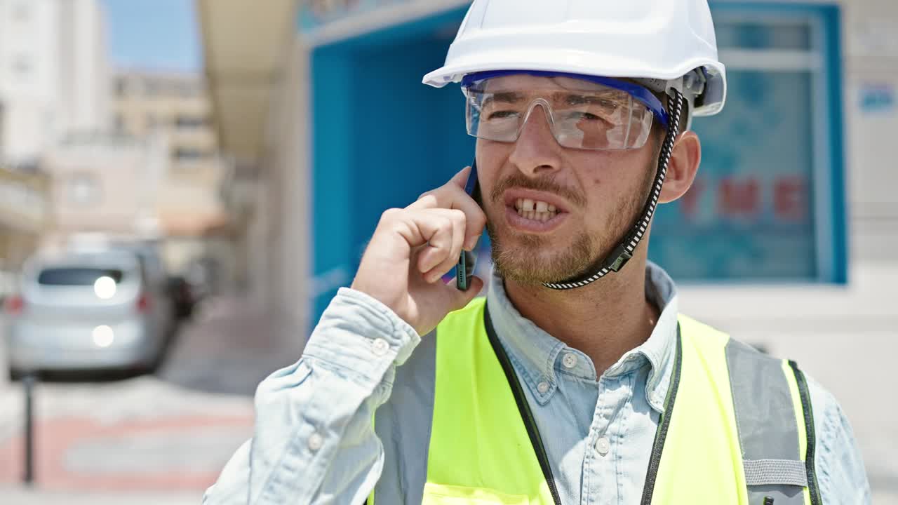 年轻的白人建筑师微笑着自信地在工地用智能手机聊天视频素材