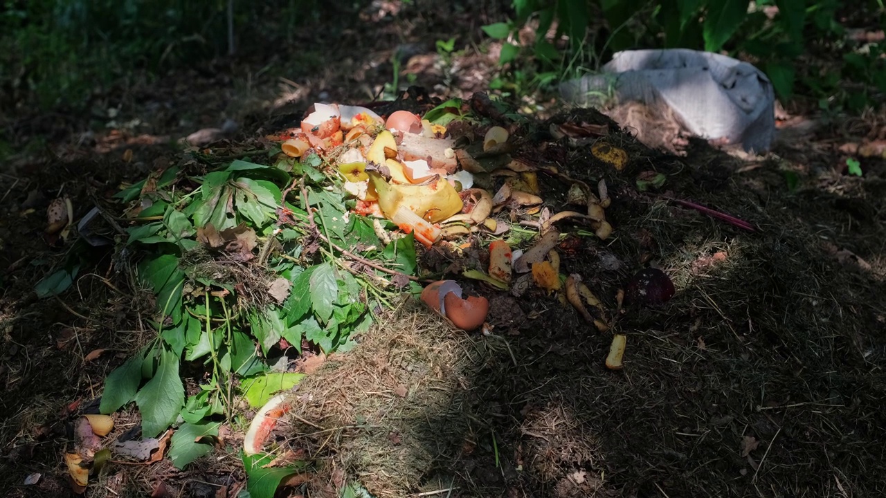 花园后院腐烂的草、干草、食物和水果残渣堆成的堆肥视频素材