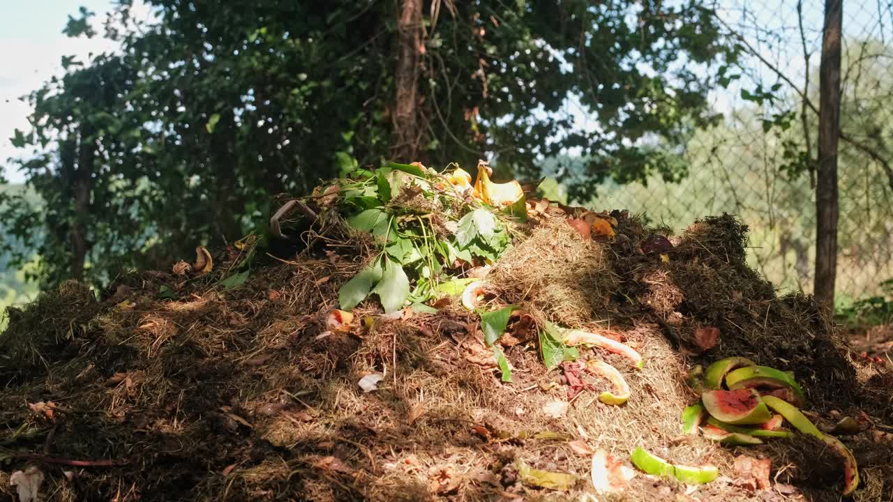 花园后院腐烂的草、干草、食物和水果残渣堆成的堆肥视频素材