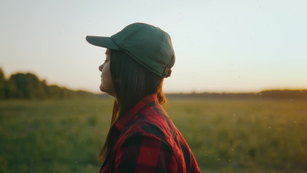 夕阳下，一个戴着帽子的年轻女孩走过一片绿色的田野视频素材