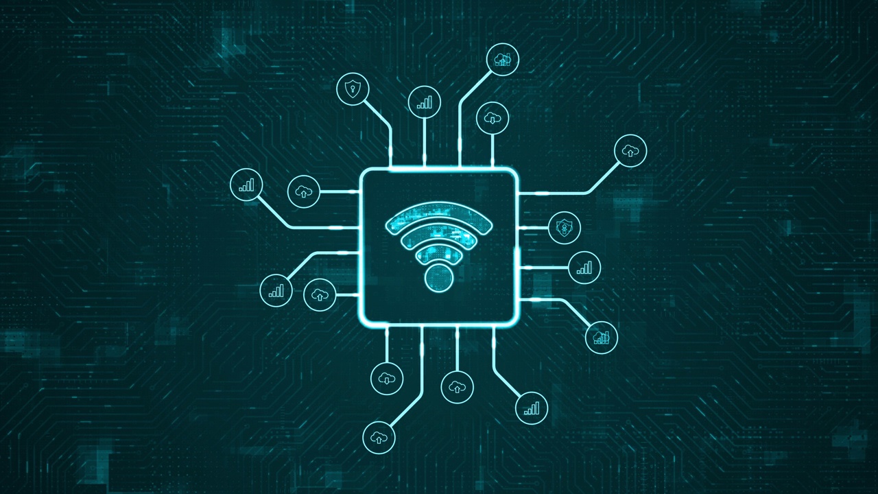 动态图形的蓝色数字WIFI标志和未来的HUD技术电路板与技术图标和数据传输的抽象背景与数据传输和无线保真连接的概念视频素材