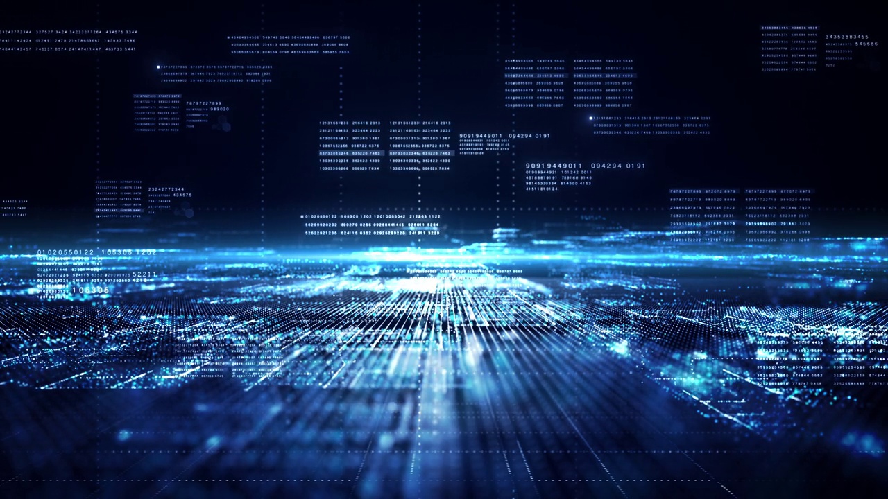 技术数字网络空间和数字数据网络连接的概念。高速互联网传输数字数据，蓝色背景下的未来技术数字矩阵。视频素材